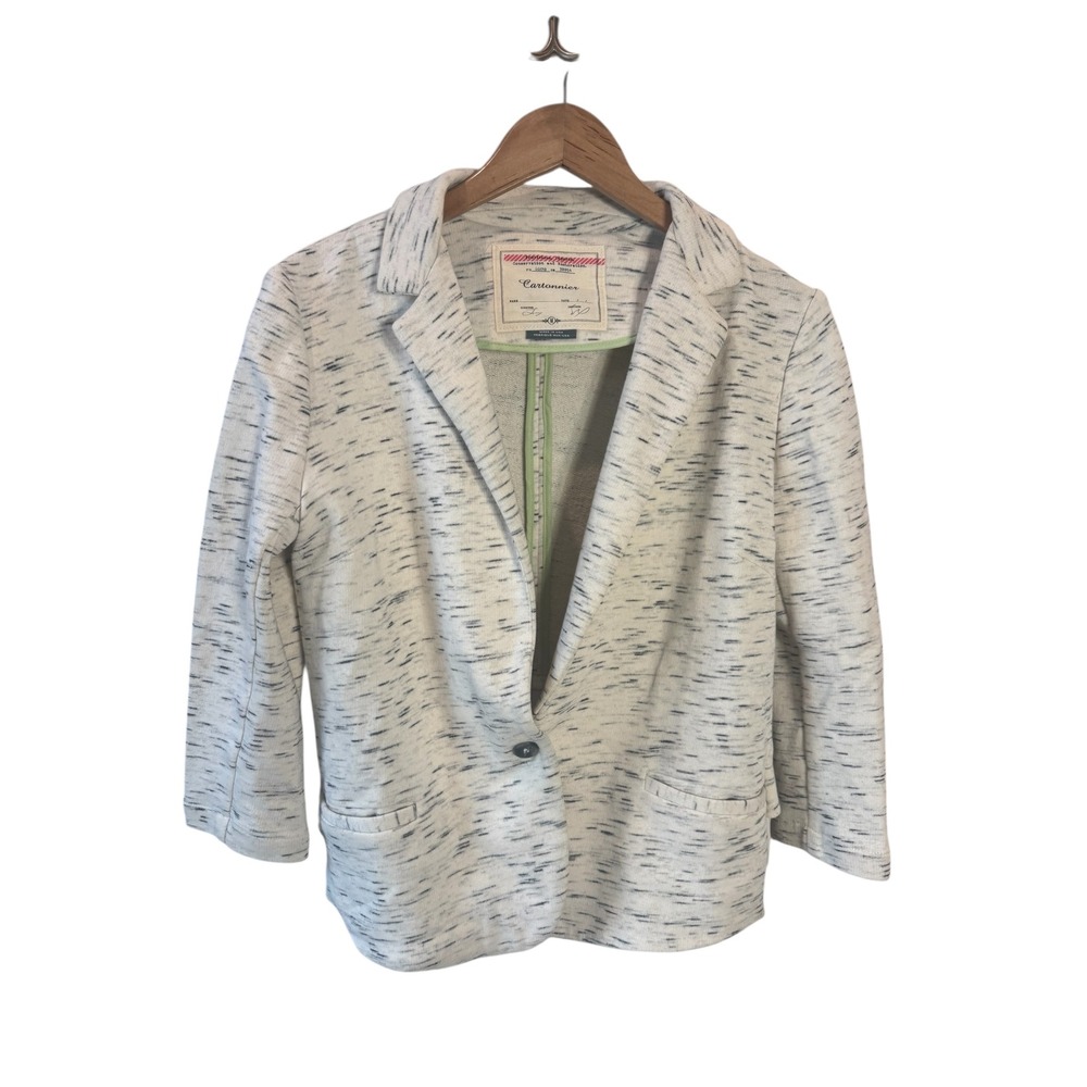 Cartonnier Anthropologie Knit Blazer White Black Speckled Ruffle Detail Medium